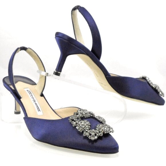 NEW$1295 Manolo Blahnik Hangisli 50 Satin Jewel Buckle Slingback Pump Low Heel 7 - Picture 16 of 16